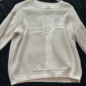 Cream Knit Sweater with Cross Design